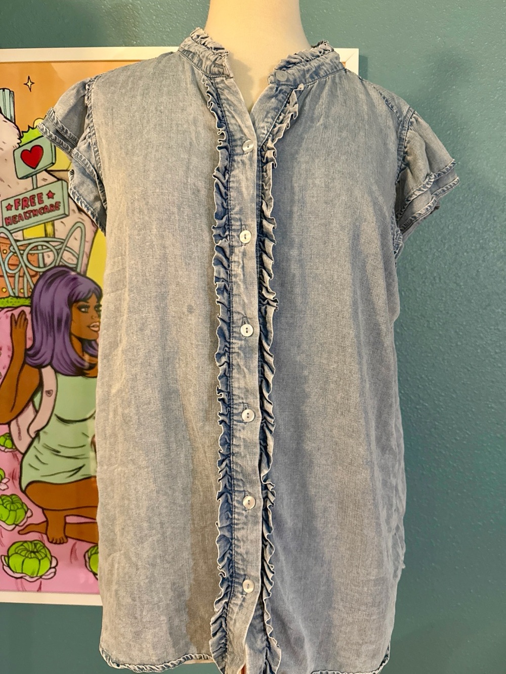 Jane and Delancey Light Wash Denim Ruffle-Front Top